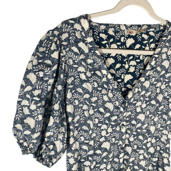 FAHERTY Havana Prairie puff sleeve Linen midi Dress size M Indigo Echo Floral - Picture 3 of 13